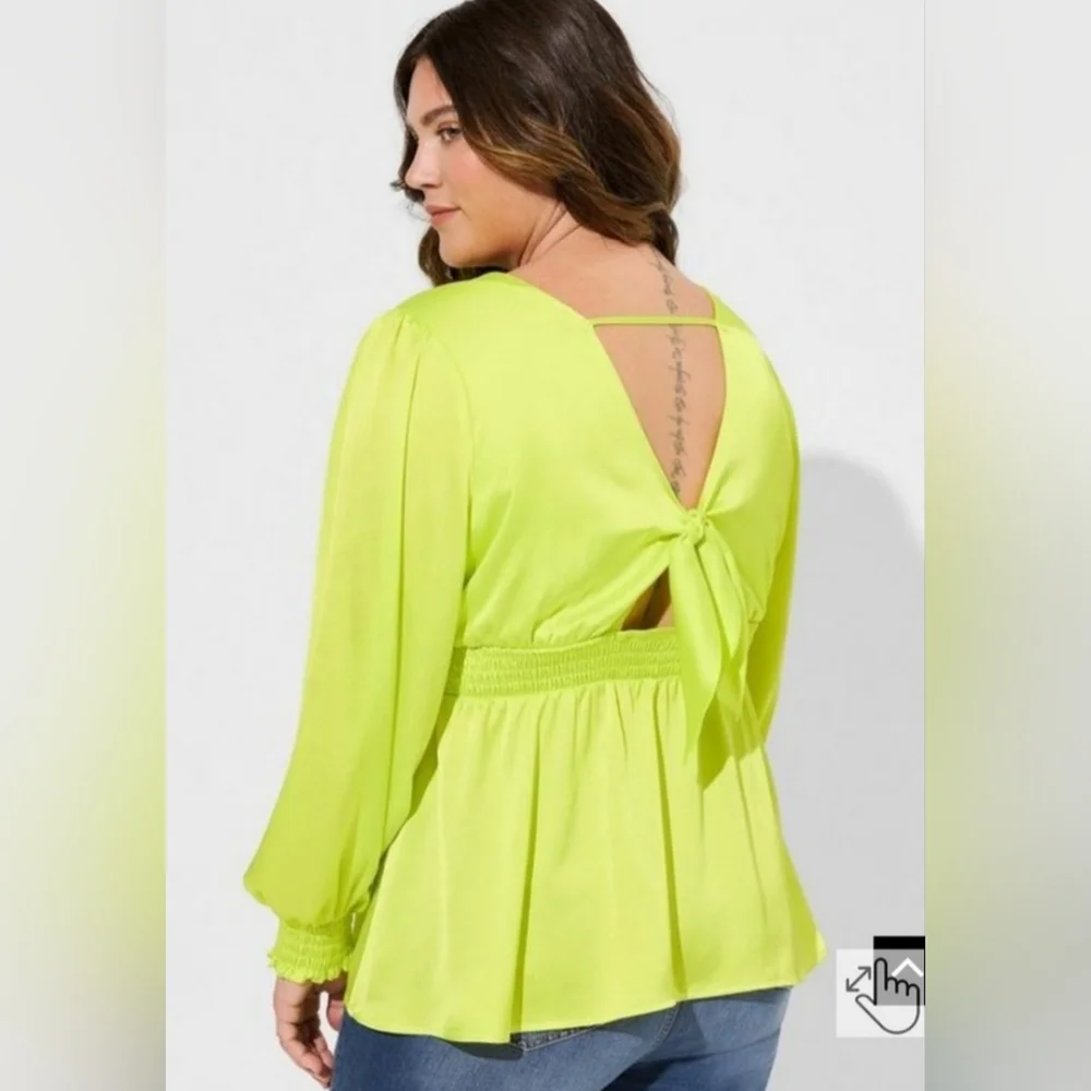 Torrid Size 2X Women's Neon Lime Green/Yellow Satin Wrap Top with Tie Back NWT - Picture 3 of 11